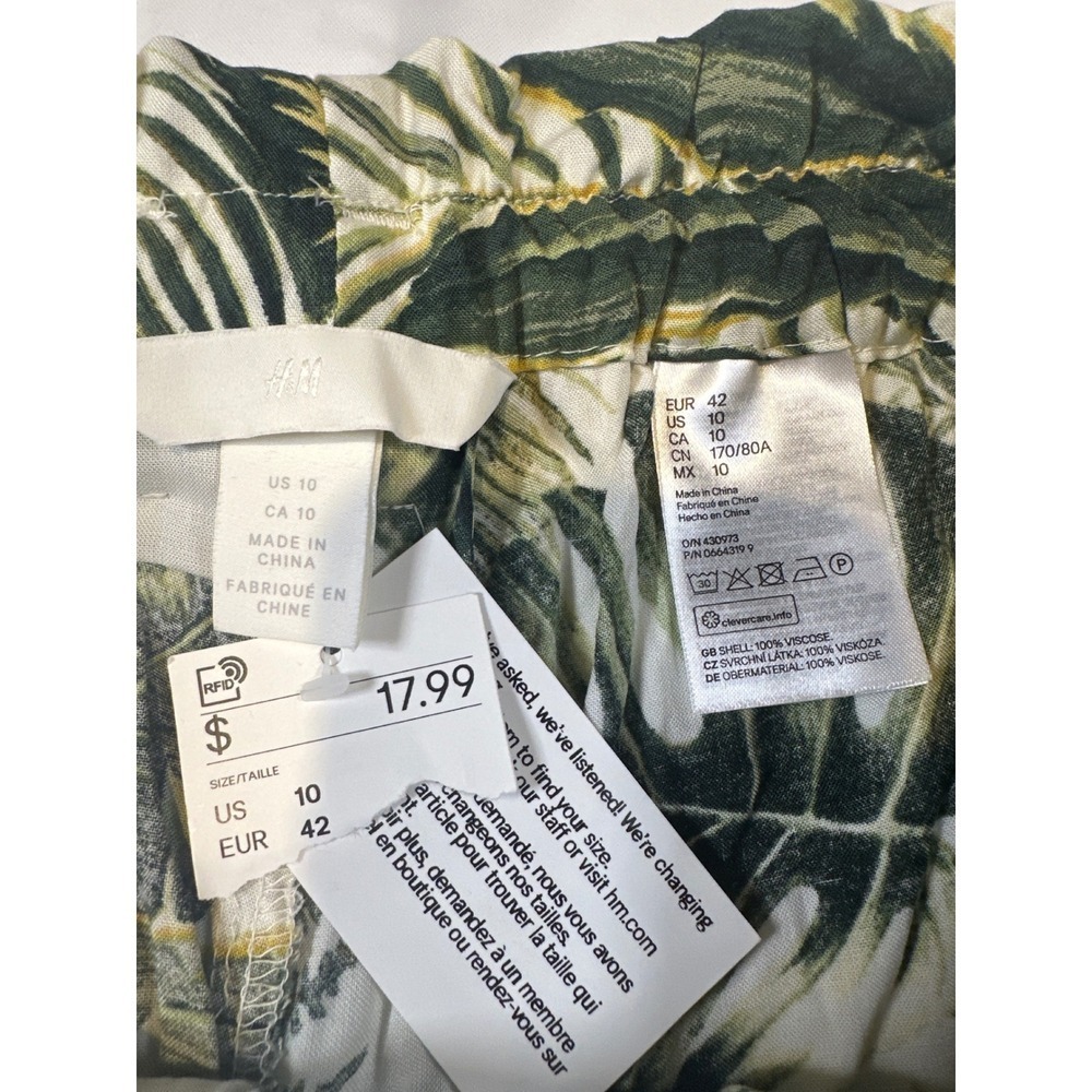 HM Tropical Leaf Print Paperbag Waist Pants Green White Viscose Size 10 NWT - Picture 3 of 8